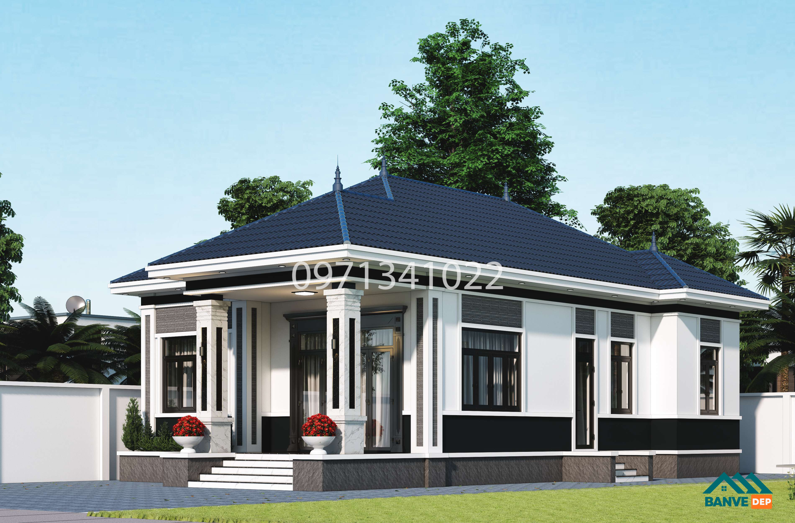 Bản Vẽ Nhà Mái Nhật 1 Tầng 8.6x13.9m - Thiết Kế 3 Phòng Ngủ Tiện Nghi - Ảnh 4